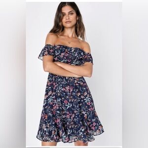 Lulus My‎ Favorite Navy Blue Floral Print Off-the-Shoulder Dress